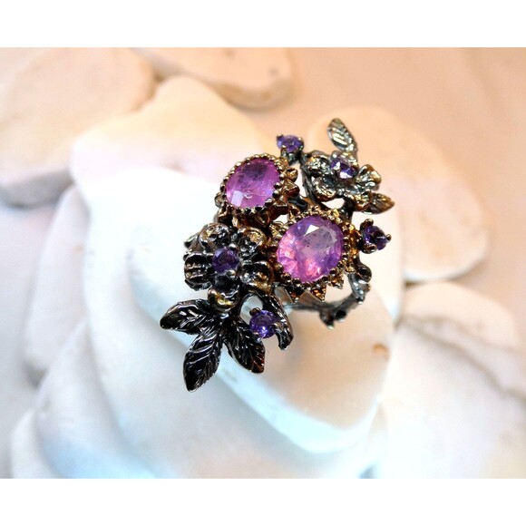Natural Pink Tourmaline Amethyst Oxidized Sterling Silver Ring Vine Botanical - Picture 3 of 8